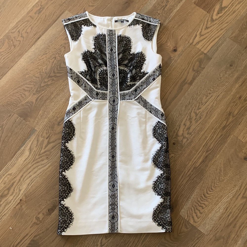 Striking White cocktail dress with black lace